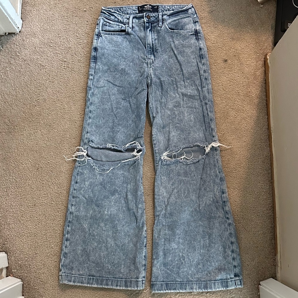 Hollister Washed Blue Flare Jeans with Rips